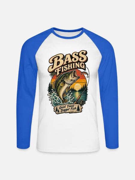Bassangeln Retro-Sonnenuntergang - Unisex Baseballshirt langarm - Weiß/Royalblau