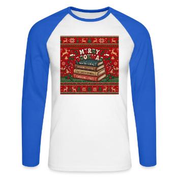 Merry Bookmas - Unisex Baseballshirt langarm - Weiß/Royalblau - Vorne - Nik (191cm)
