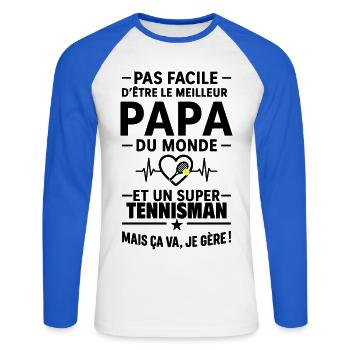 Heart + Tennis – Super Dad Tennis Player - Unisex Long Sleeve Baseball T-Shirt - white/royal blue - Front - Nik (191cm)