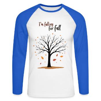 Kahler Baum „Herbstverliebt“ Humor - Unisex Baseballshirt langarm - Weiß/Royalblau - Vorne - Nik (191cm)