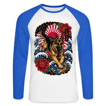 Deutscher Schäferhund im Japan Tattoo Stil - Unisex Baseballshirt langarm - Weiß/Royalblau - Vorne - Nik (191cm)