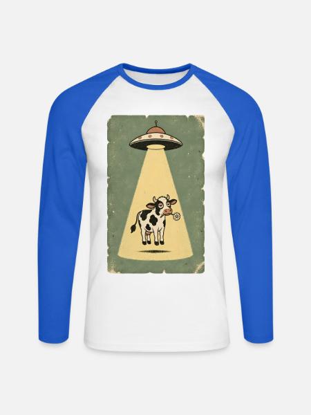 Gelassene Kuh im UFO Strahl - Unisex Baseballshirt langarm - Weiß/Royalblau
