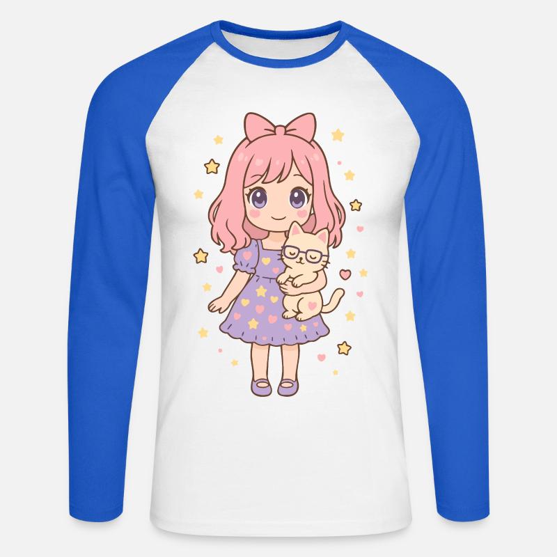 Kleines Mädchen mit Katze von Helfspawn - Unisex Baseballshirt langarm - Weiß/Royalblau