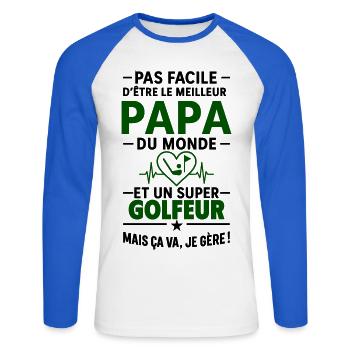 Heart + Golf – Super Dad Golfer - Unisex Long Sleeve Baseball T-Shirt - white/royal blue - Front - Nik (191cm)