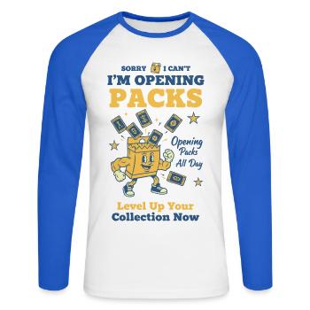 Sorry I Cant Im Opening Packs Trading Card Booster - Unisex Long Sleeve Baseball T-Shirt - white/royal blue - Front - Nik (191cm)