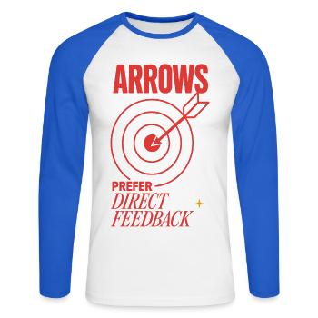 Bogenschießen – Arrows Prefer Direct Feedback - Unisex Baseballshirt langarm - Weiß/Royalblau - Vorne - Nik (191cm)