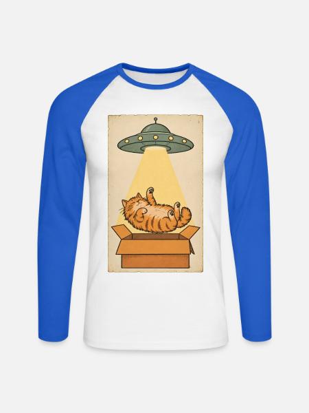 Schlafende Katze im UFO Strahl - Unisex Baseballshirt langarm - Weiß/Royalblau