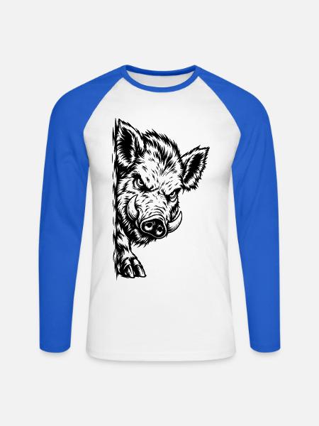 Wütender Keiler – Schwarze Wildschwein Gravur - Unisex Baseballshirt langarm - Weiß/Royalblau