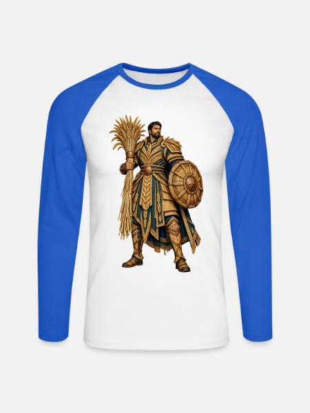 Goldener Ritterkrieger mit Palmenfächer - Unisex Baseballshirt langarm - Weiß/Royalblau