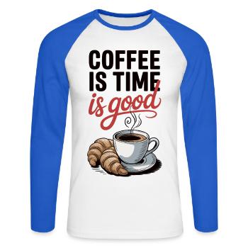 Kaffee T-Shirt Coffee Is Time - Unisex Long Sleeve Baseball T-Shirt - white/royal blue - Front - Nik (191cm)