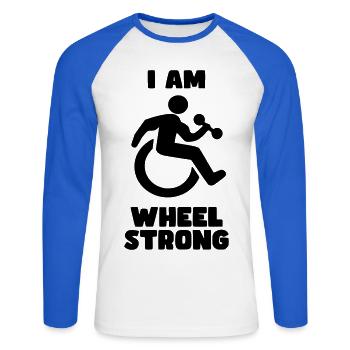 Je suis fort de la roue. Pour les personnes en fauteuil roulant expérimentées * - T-shirt baseball manches longues Homme - blanc/bleu royal - Devant - Nik (191cm)