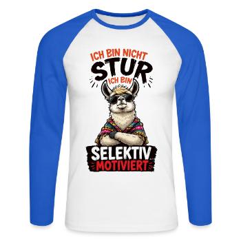 Selektiv Motiviert Lama Shirt - Unisex Baseballshirt langarm - Weiß/Royalblau - Vorne - Nik (191cm)