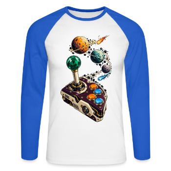 Kometen-Joystick mit Planetenparcours - Unisex Baseballshirt langarm - Weiß/Royalblau - Vorne - Nik (191cm)