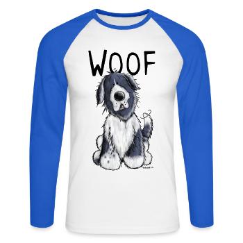 Woof Neufundländer - Neufi - Neufis - Geschenk - Unisex Baseballshirt langarm - Weiß/Royalblau - Vorne - Nik (191cm)