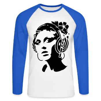 junge Frau mit Kopfhörer und Blume im Haar - Unisex Baseballshirt langarm - Weiß/Royalblau - Vorne - Nik (191cm)