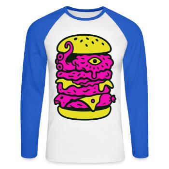Monster Burger dans le style Pop Art - T-shirt baseball manches longues Homme - blanc/bleu royal - Devant - Nik (191cm)