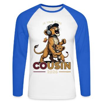 Futur Cousin 2026 Annonce Grossesse Cadeau - T-shirt baseball manches longues Homme - blanc/bleu royal - Devant - Nik (191cm)