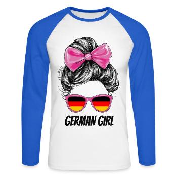 Germany Flag Flag Woman Sunglasses Fan - Unisex Long Sleeve Baseball T-Shirt - white/royal blue - Front - Nik (191cm)