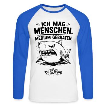 Ich mag Menschen. Medium gebraten. Böser Hai Fun. - Unisex Baseballshirt langarm - Weiß/Royalblau - Vorne - Nik (191cm)