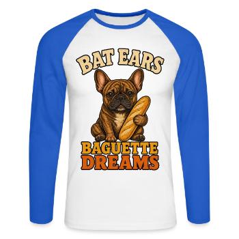 Bat Ears Frenchie Baguette Träume - Unisex Baseballshirt langarm - Weiß/Royalblau - Vorne - Nik (191cm)