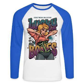Lucky Bones Streetwear rétro squelette pin up - T-shirt baseball manches longues Homme - blanc/bleu royal - Devant - Nik (191cm)
