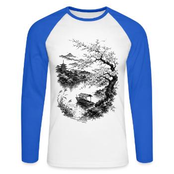 La nature japonaise avec cerisier et mont Fuji - T-shirt baseball manches longues Homme - blanc/bleu royal - Devant - Nik (191cm)