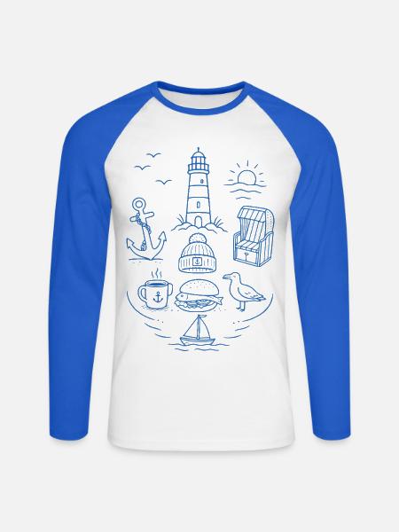 Maritimes Küstenmotiv - Unisex Baseballshirt langarm - Weiß/Royalblau