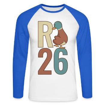  R Ente 26 - R Ente 2026 - Rente 2026 - Unisex Baseballshirt langarm - Weiß/Royalblau - Vorne - Nik (191cm)
