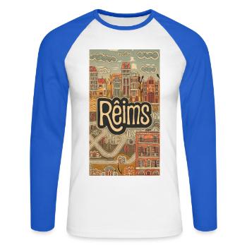 Reims Stadtbild Retro Illustration - Unisex Baseballshirt langarm - Weiß/Royalblau - Vorne - Nik (191cm)