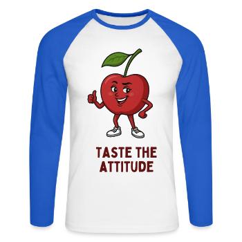 Apfel mit Attitüde Motiv - Unisex Baseballshirt langarm - Weiß/Royalblau - Vorne - Nik (191cm)