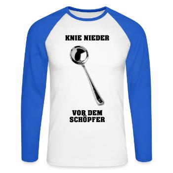 Agenouille-toi devant le Créateur - T-shirt baseball manches longues Homme - blanc/bleu royal - Devant - Nik (191cm)