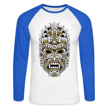 Mayan Divine Mask Gold and White Totem Antique - Unisex Long Sleeve Baseball T-Shirt - white/royal blue - Front - Nik (191cm)