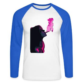 Neon Dino Smoke – Pop Art T-Rex Vibes - Unisex Baseballshirt langarm - Weiß/Royalblau - Vorne - Nik (191cm)