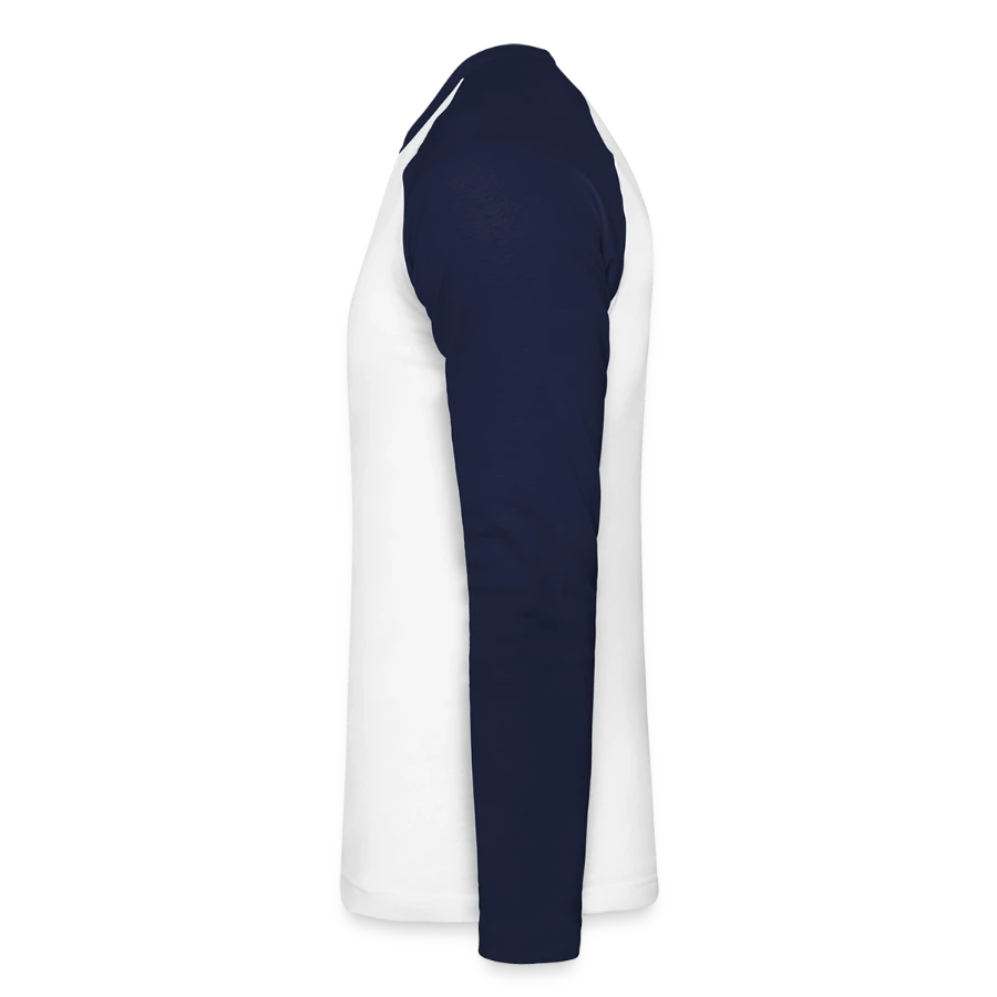 Grindelwald badge on a unisex long sleeve baseball t-shirt, white/navy, left