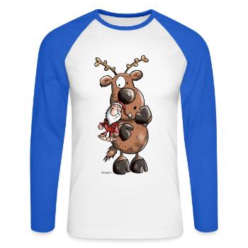 Reindeer câline Père Noël - T-shirt baseball manches longues Homme - blanc/bleu royal - Devant - Nik (191cm)