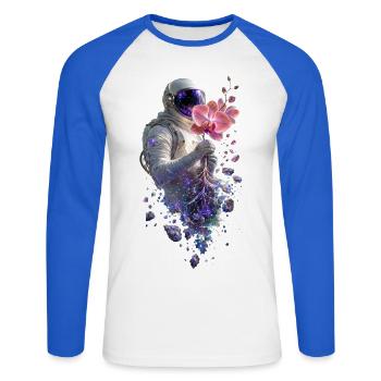 Kosmische Astronautin und Orchidee - Unisex Baseballshirt langarm - Weiß/Royalblau - Vorne - Nik (191cm)