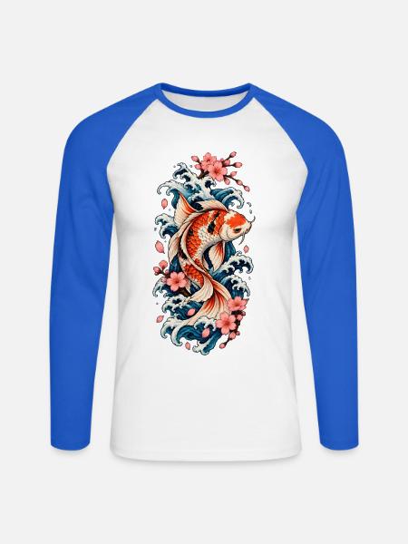 Koi in Wellen und Sakura - Unisex Baseballshirt langarm - Weiß/Royalblau