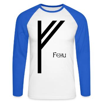 Rune Fehu avec Nom Noir – Viking Futhark - T-shirt baseball manches longues Homme - blanc/bleu royal - Devant - Nik (191cm)