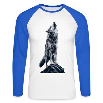 Wolfsruf auf Fels - Unisex Baseballshirt langarm - Weiß/Royalblau - Vorne - Nik (191cm)