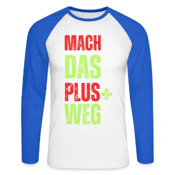 Motivierendes Druckmotiv Plus Weg - Unisex Baseballshirt langarm - Weiß/Royalblau - Vorne - Nik (191cm)