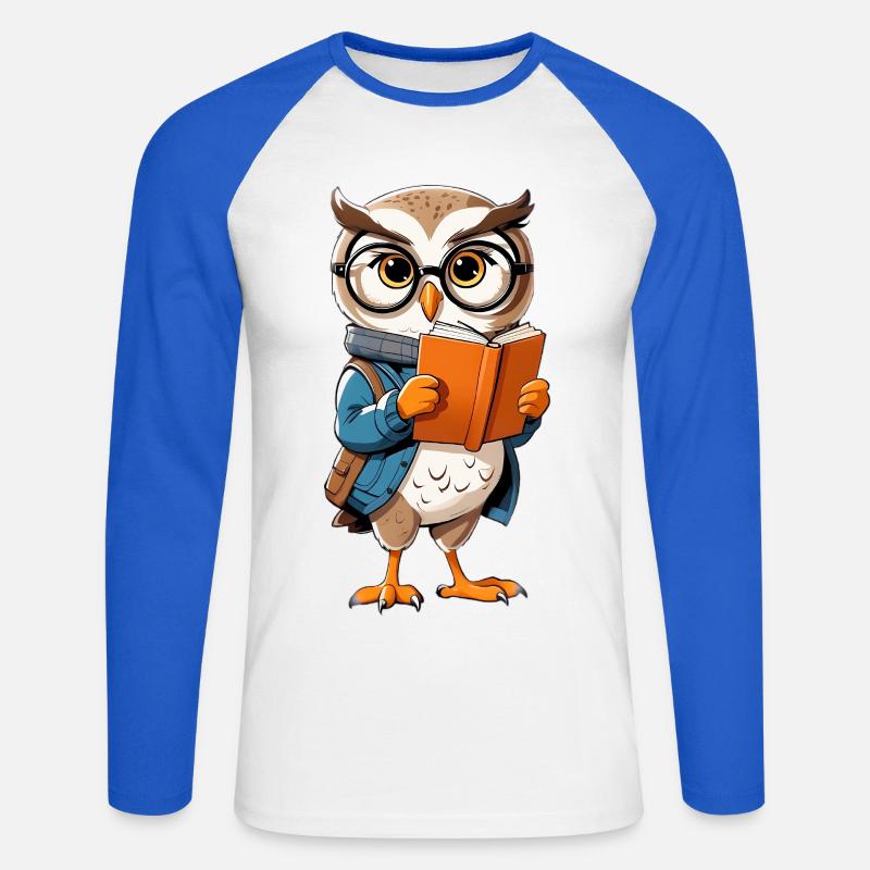 Lernende Eule mit Brille liest Buch - Unisex Baseballshirt langarm - Weiß/Royalblau