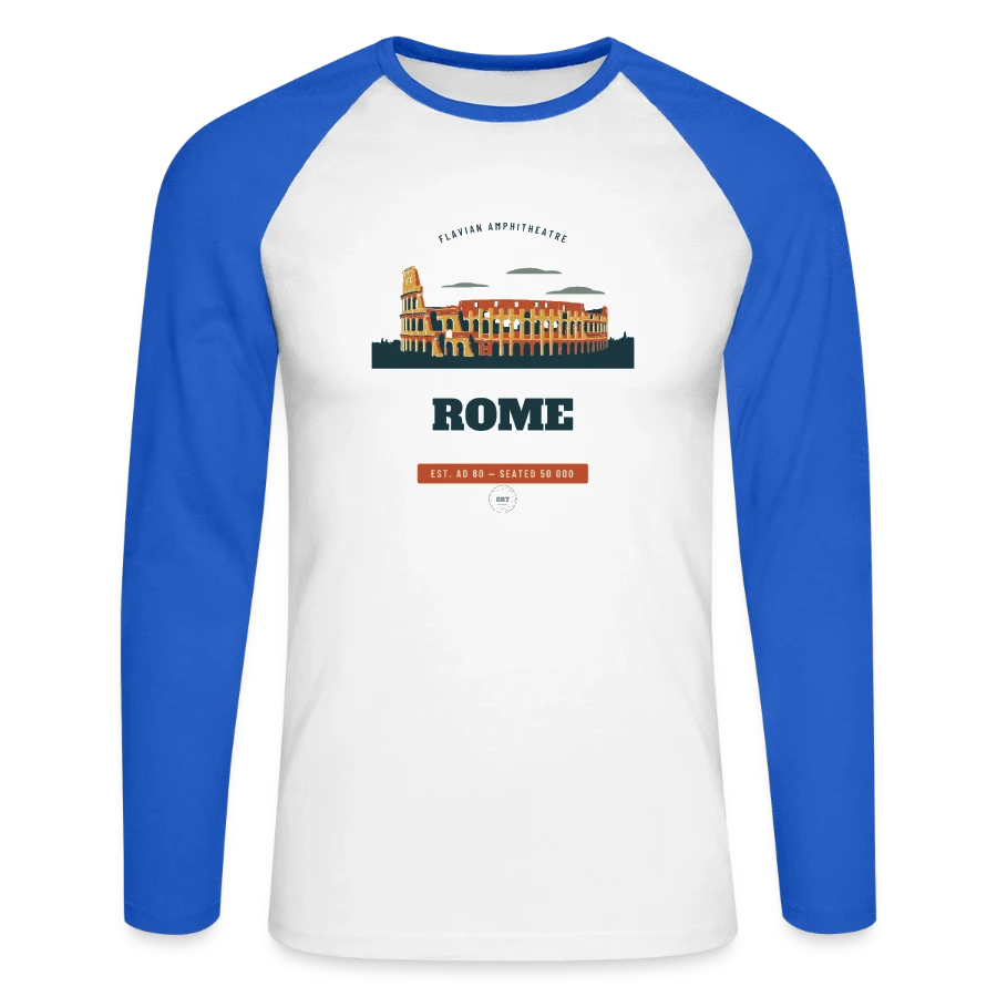 Rome badge on a unisex long sleeve baseball t-shirt, white/royal blue, front
