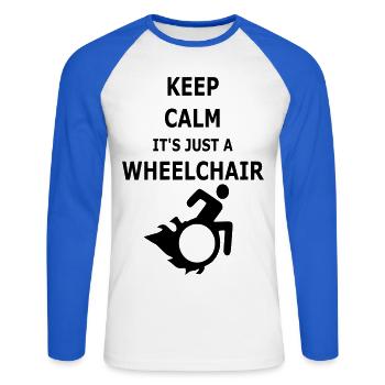 Restez calme ! C’est juste un fauteuil roulant # - T-shirt baseball manches longues Homme - blanc/bleu royal - Devant - Nik (191cm)
