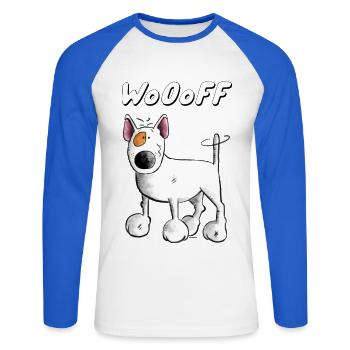 Wooff Bullterrier Hund Hunderasse Cartoon  - Unisex Baseballshirt langarm - Weiß/Royalblau - Vorne - Nik (191cm)