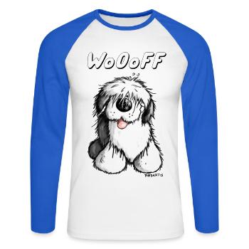 Woooff chien de berger anglais - T-shirt baseball manches longues Homme - blanc/bleu royal - Devant - Nik (191cm)
