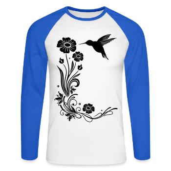 Floral motif with flowers and hummingbird. - Unisex Long Sleeve Baseball T-Shirt - white/royal blue - Front - Nik (191cm)
