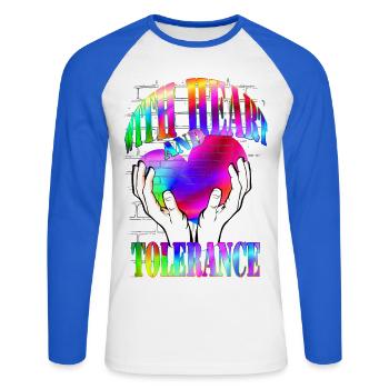 with heart and tolerance rainbow - Unisex Long Sleeve Baseball T-Shirt - white/royal blue - Front - Nik (191cm)