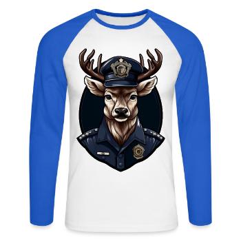 Police des cerfs - T-shirt baseball manches longues Homme - blanc/bleu royal - Devant - Nik (191cm)