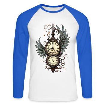 Fleurs et mécanique : la magie de l’horloge steampunk. - T-shirt baseball manches longues Homme - blanc/bleu royal - Devant - Nik (191cm)