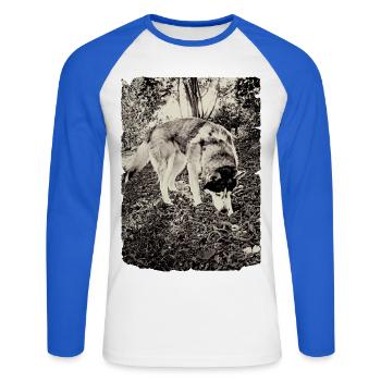 Husky in the forest in black and white - Unisex Long Sleeve Baseball T-Shirt - white/royal blue - Front - Nik (191cm)